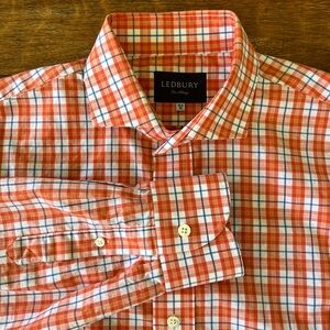 LEDBURY Dress Shirt Orange White Navy Plaid Button Down Long Sleeve 16.5/35